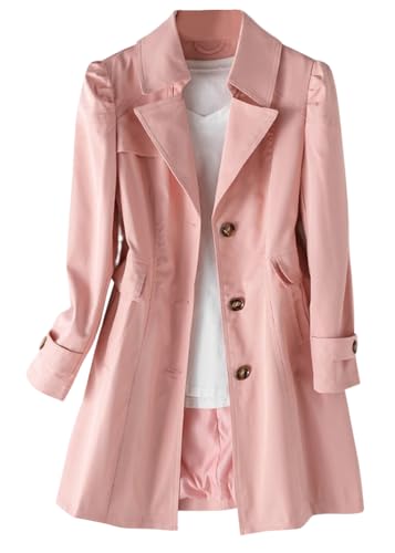 shownicer Damen Trenchcoat Jacke Cardigan Langer Mantel Winddichter Wintermantel Windjacke Übergangsmantel mit Taschen Einfarbig Revers Damenmantel mit Knöpfen A Rosa L von shownicer