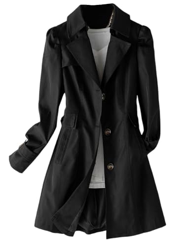 shownicer Damen Trenchcoat Jacke Cardigan Langer Mantel Winddichter Wintermantel Windjacke Übergangsmantel mit Taschen Einfarbig Revers Damenmantel mit Knöpfen A Schwarz M von shownicer