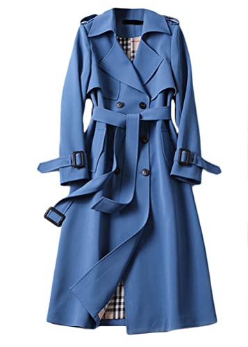 shownicer Damen Trenchcoat Jacke Cardigan Zweireiher Langer Mantel Winddichter Wintermantel Windjacke Übergangsmantel mit Taschen Einfarbig Revers Damenmantel mit Knöpfen A Blau XXL von shownicer