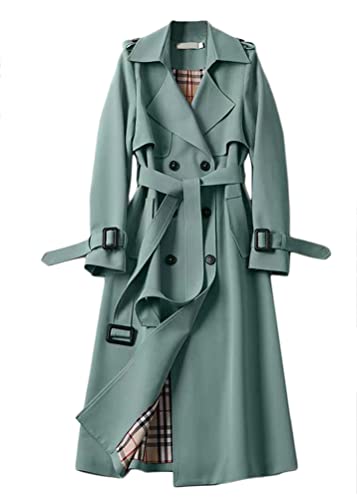 shownicer Damen Trenchcoat Jacke Cardigan Zweireiher Langer Mantel Winddichter Wintermantel Windjacke Übergangsmantel mit Taschen Einfarbig Revers Damenmantel mit Knöpfen A Grün XL von shownicer