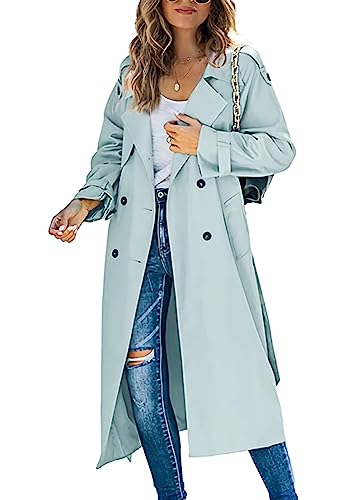 shownicer Damen Trenchcoat Jacke Cardigan Zweireiher Langer Mantel Winddichter Wintermantel Windjacke Übergangsmantel mit Taschen Einfarbig Revers Damenmantel mit Knöpfen B Hellgrün XL von shownicer