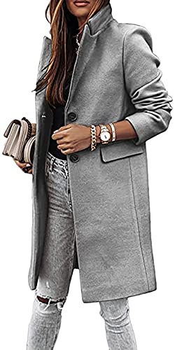 shownicer Damen Trenchcoat Langarm Elegante Schlanke Knöpfe Langer Mantel Oberbekleidung Winddichter Herbst Jacke Parka mit Reverskragen D Grau M von shownicer