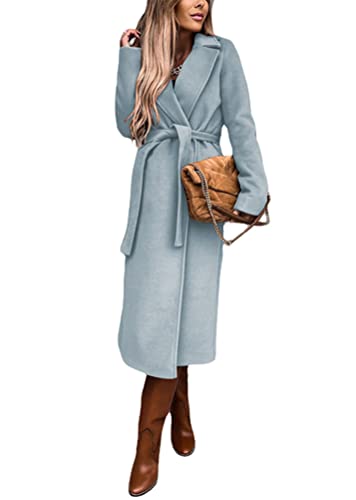 shownicer Damen Trenchcoat Langer Mantel Jacke Winddichter Wintercoat mit Gürtel Rever Mantel Elegant Herbst Winter Vintage Warme Wintermantel Outwear Lang Park a Jacke Windbreaker A Blau M von shownicer