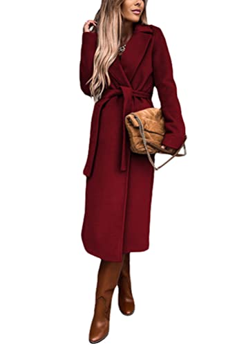 shownicer Damen Trenchcoat Langer Mantel Jacke Winddichter Wintercoat mit Gürtel Rever Mantel Elegant Herbst Winter Vintage Warme Wintermantel Outwear Lang Park a Jacke Windbreaker A Weinrot XL von shownicer