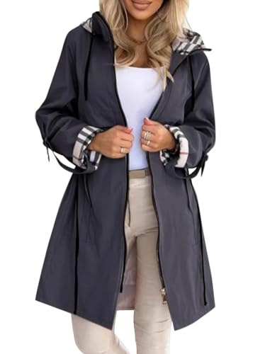 shownicer Damen Trenchcoat Langer Mantel Winddichter Jacke Einfarbig Kapuzenjacke Damenmantel Herbst Winter Windjacke Übergangsmantel A Grau L von shownicer