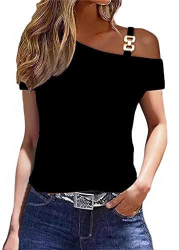 shownicer Damen Tshirt Sommer Kurzarm Shirts Oberteile Casual Tunika Tops V-Ausschnitt Einfarbige Lose Basic Tops A Schwarz S von shownicer