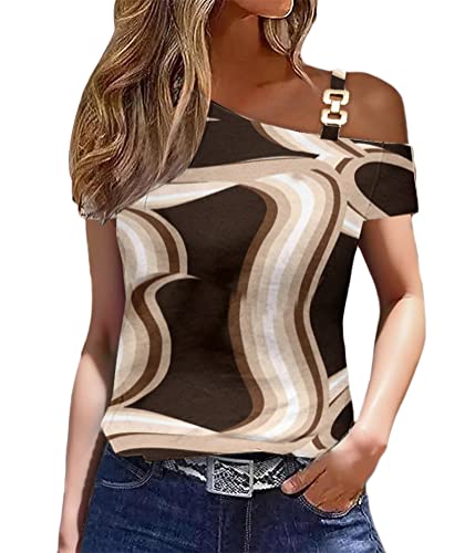 shownicer Damen Tshirt Sommer Kurzarm Shirts Oberteile Casual Tunika Tops V-Ausschnitt Einfarbige Lose Basic Tops B Braun XL von shownicer