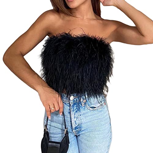 shownicer Damen Tube Top Oberteil mit Federn Sexy Reißverschluss Bandeau Ärmellos Crop Top Elegant Festliche Oberteile Hochzeit Party Club Outfit Weste A Schwarz L von shownicer