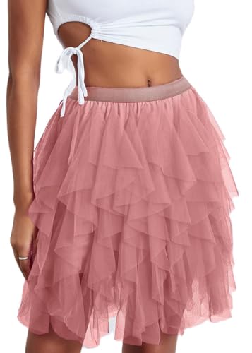 shownicer Damen Tüllrock Asymmetrisch Plissiert Elastisch Hohe Taille Tutu Rock Casual Cocktail Party A-Linie Mesh Midi Rock A Rosa S von shownicer