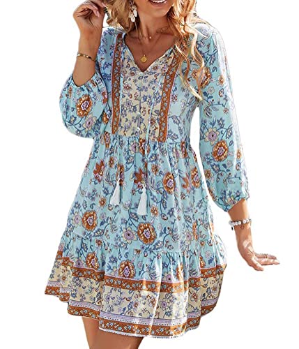 shownicer Damen Tunika Kleid 3/4 Ärmel V Ausschnitt Knopfleiste Fransen Blumendruck Boho Kleid Damen A Blau M von shownicer