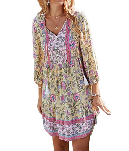 shownicer Damen Tunika Kleid 3/4 Ärmel V Ausschnitt Knopfleiste Fransen Blumendruck Boho Kleid Damen A Gelb M von shownicer