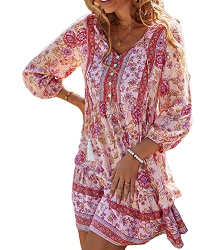 shownicer Damen Tunika Kleid 3/4 Ärmel V Ausschnitt Knopfleiste Fransen Blumendruck Boho Kleid Damen A Rosa S von shownicer