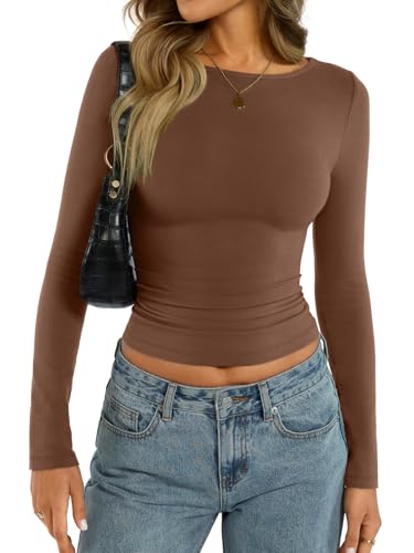 shownicer Damen U-Boot Ausschnitt T-Shirt Basic Langarm Eng Oberteile Slim Fit Y2K Tops A Braun XL von shownicer