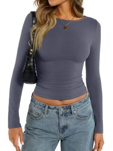 shownicer Damen U-Boot Ausschnitt T-Shirt Basic Langarm Eng Oberteile Slim Fit Y2K Tops A Dunkelgrau L von shownicer