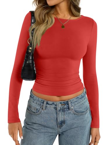 shownicer Damen U-Boot Ausschnitt T-Shirt Basic Langarm Eng Oberteile Slim Fit Y2K Tops A Rot XS von shownicer