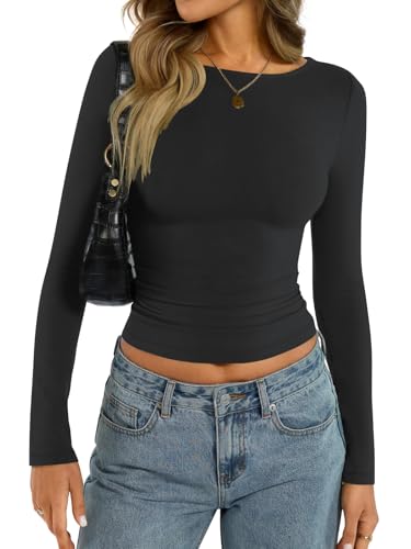 shownicer Damen U-Boot Ausschnitt T-Shirt Basic Langarm Eng Oberteile Slim Fit Y2K Tops A Schwarz XL von shownicer