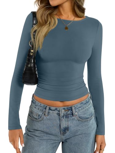 shownicer Damen U-Boot Ausschnitt T-Shirt Basic Langarm Eng Oberteile Slim Fit Y2K Tops A Türkis S von shownicer