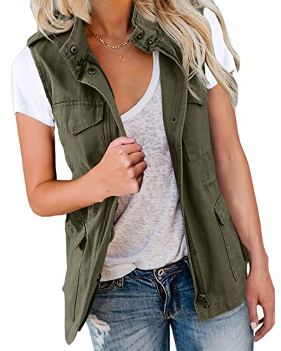 shownicer Damen Übergangsjacke Sommer Weste Stehkragen Mehr Taschen Utility Jacket Leicht Sommerjacke Boyfriend Parka Reißverschluss Ärmellose Jacke A Armeegrün L von shownicer