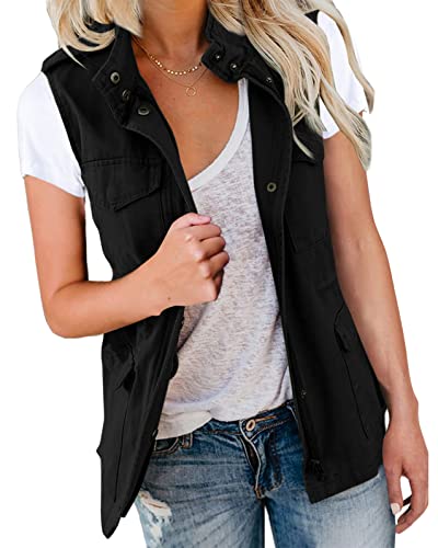 shownicer Damen Übergangsjacke Sommer Weste Stehkragen Mehr Taschen Utility Jacket Leicht Sommerjacke Boyfriend Parka Reißverschluss Ärmellose Jacke A Schwarz S von shownicer