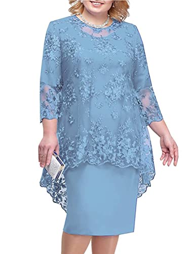 shownicer Damen Übergröße Spitzenkleid 3/4 Ärmel Loose Elegant Cocktailkleider Abendkleid Partykleider Brautjungfer Kleid Knielang Rockabilly Kleid Midikleid A Blau L von shownicer