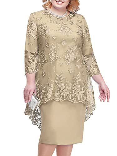 shownicer Damen Übergröße Spitzenkleid 3/4 Ärmel Loose Elegant Cocktailkleider Abendkleid Partykleider Brautjungfer Kleid Knielang Rockabilly Kleid Midikleid A Champagner 4XL von shownicer