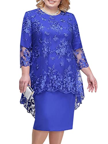 shownicer Damen Übergröße Spitzenkleid 3/4 Ärmel Loose Elegant Cocktailkleider Abendkleid Partykleider Brautjungfer Kleid Knielang Rockabilly Kleid Midikleid A Dunkelblau XL von shownicer