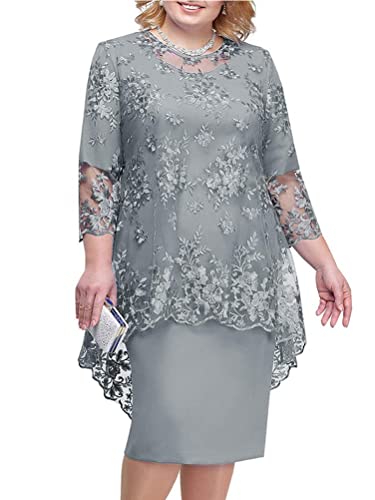 shownicer Damen Übergröße Spitzenkleid 3/4 Ärmel Loose Elegant Cocktailkleider Abendkleid Partykleider Brautjungfer Kleid Knielang Rockabilly Kleid Midikleid A Grau L von shownicer