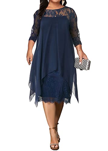 shownicer Damen Übergröße Spitzenkleid 3/4 Ärmel Loose Elegant Cocktailkleider Abendkleid Partykleider Brautjungfer Kleid Knielang Rockabilly Kleid Midikleid B Marine L von shownicer