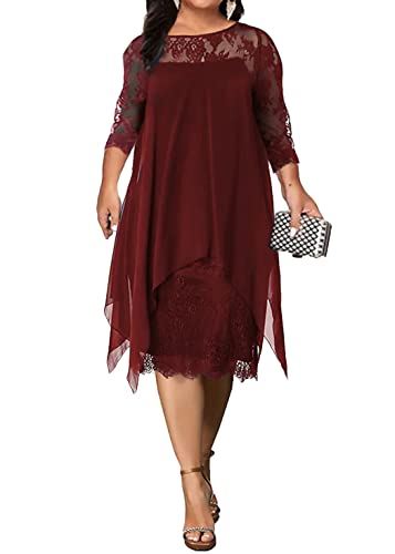 shownicer Damen Übergröße Spitzenkleid 3/4 Ärmel Loose Elegant Cocktailkleider Abendkleid Partykleider Brautjungfer Kleid Knielang Rockabilly Kleid Midikleid B Rot L von shownicer