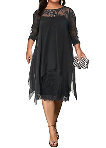 shownicer Damen Übergröße Spitzenkleid 3/4 Ärmel Loose Elegant Cocktailkleider Abendkleid Partykleider Brautjungfer Kleid Knielang Rockabilly Kleid Midikleid B Schwarz 3XL von shownicer