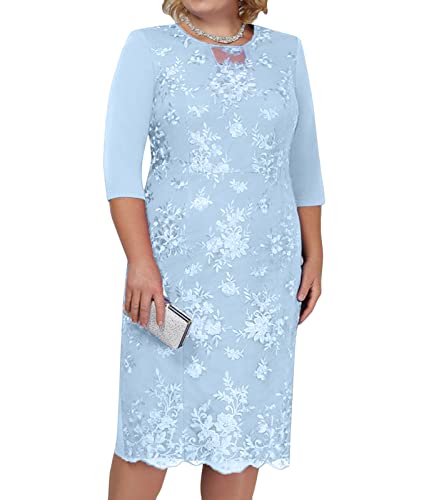 shownicer Damen Übergröße Spitzenkleid 3/4 Ärmel Loose Elegant Cocktailkleider Abendkleid Partykleider Brautjungfer Kleid Knielang Rockabilly Kleid Midikleid C Blau S von shownicer