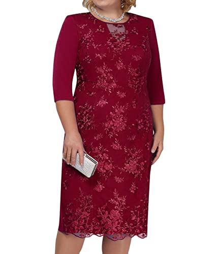 shownicer Damen Übergröße Spitzenkleid 3/4 Ärmel Loose Elegant Cocktailkleider Abendkleid Partykleider Brautjungfer Kleid Knielang Rockabilly Kleid Midikleid C Rot 3XL von shownicer