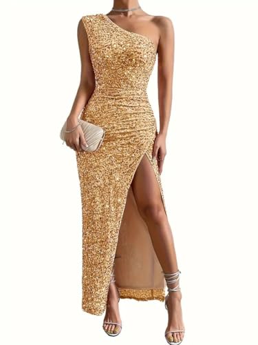 shownicer Damen V-Ausschnitt Abendkleid A-Linie Chiffon Off Shoulder Elegant Lange Partykleider A Gold M von shownicer