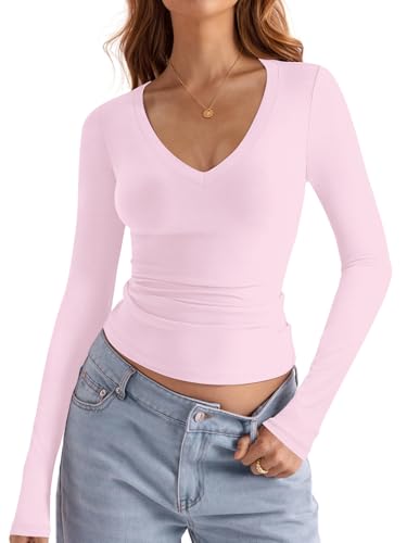 shownicer Damen V-Ausschnitt Eng T-Shirt Basic Langarm Oberteile Slim Fit Y2K Tops A Rosa L von shownicer