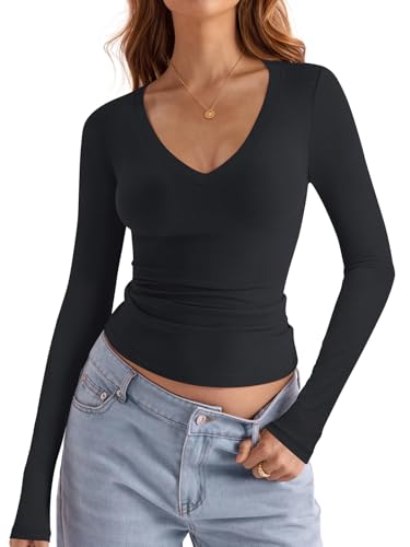 shownicer Damen V-Ausschnitt Eng T-Shirt Basic Langarm Oberteile Slim Fit Y2K Tops A Schwarz XS shownicer Damen V-Ausschnitt Eng T-Shirt Basic Langarm Oberteile Slim Fit Y2K Tops A Schwarz XS von shownicer