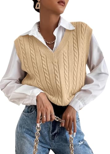shownicer Damen V-Ausschnitt Pullunder Strickweste Ärmellos Einfarbig Casual Tank Top Sweater Herbst Winter Freizeit Ärmelloser Pullunder A Aprikose S von shownicer