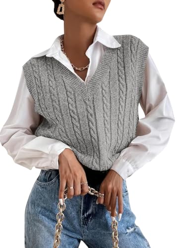 shownicer Damen V-Ausschnitt Pullunder Strickweste Ärmellos Einfarbig Casual Tank Top Sweater Herbst Winter Freizeit Ärmelloser Pullunder A Grau XL von shownicer