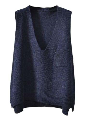 shownicer Damen V-Ausschnitt Pullunder Strickweste Herbst Winter Ärmellos Einfarbig Casual Tank Top Sweater Business Freizeit Ärmelloser Pullunder A Marine L von shownicer