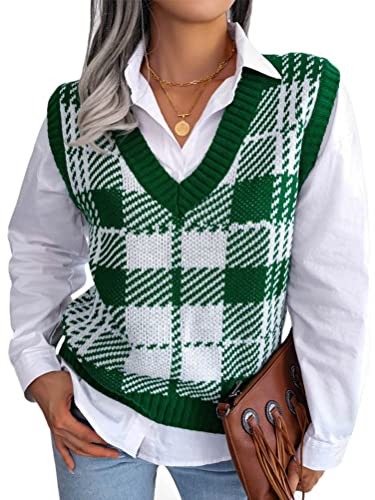 shownicer Damen V-Ausschnitt Stricken Weste Pullunder Ärmellos Strick Casual Pullunder Strickweste Geometrie Einfarbig Casual Strick Tank Top Business Sweater G Grün S von shownicer