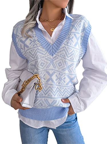 shownicer Damen V-Ausschnitt Stricken Weste Pullunder Ärmellos Strick Casual Pullunder Strickweste Geometrie Einfarbig Casual Strick Tank Top Business Sweater H Blau L von shownicer