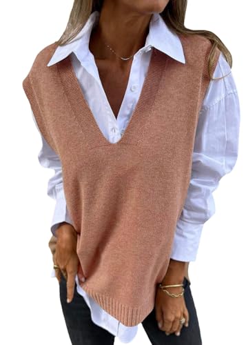 shownicer Damen V-Ausschnitt Stricken Weste Pullunder Ärmellos Strick Casual Pullunder Strickweste Geometrie Einfarbig Casual Strick Tank Top Business Sweater K Braun S von shownicer