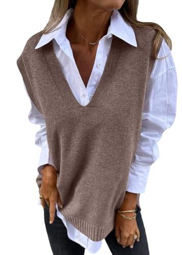 shownicer Damen V-Ausschnitt Stricken Weste Pullunder Ärmellos Strick Casual Pullunder Strickweste Geometrie Einfarbig Casual Strick Tank Top Business Sweater K Khaki XXL von shownicer