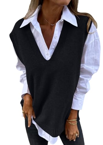 shownicer Damen V-Ausschnitt Stricken Weste Pullunder Ärmellos Strick Casual Pullunder Strickweste Geometrie Einfarbig Casual Strick Tank Top Business Sweater K Schwarz XL von shownicer