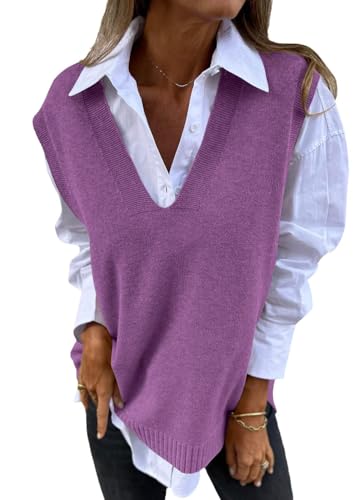 shownicer Damen V-Ausschnitt Stricken Weste Pullunder Ärmellos Strick Casual Pullunder Strickweste Geometrie Einfarbig Casual Strick Tank Top Business Sweater K Violett XL von shownicer