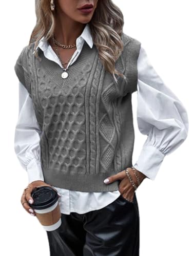 shownicer Damen V-Ausschnitt Stricken Weste Pullunder Ärmellos Strick Casual Pullunder Strickweste Geometrie Einfarbig Casual Strick Tank Top Business Sweater Z Grau XL von shownicer
