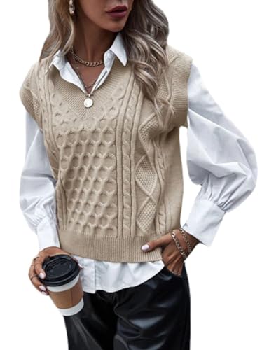 shownicer Damen V-Ausschnitt Stricken Weste Pullunder Ärmellos Strick Casual Pullunder Strickweste Geometrie Einfarbig Casual Strick Tank Top Business Sweater Z Khaki S von shownicer