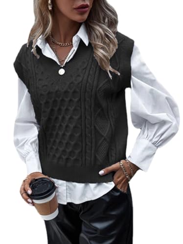 shownicer Damen V-Ausschnitt Stricken Weste Pullunder Ärmellos Strick Casual Pullunder Strickweste Geometrie Einfarbig Casual Strick Tank Top Business Sweater Z Schwarz L von shownicer