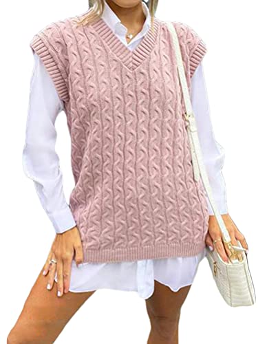 shownicer Damen V-Ausschnitt Stricken Weste Pullunder Ärmellos Strick Casual Pullunder Strickweste Geometrie Einfarbig Casual Strick Tank Top Sweater Freizeit Ärmelloser Pullunder Rosa M von shownicer