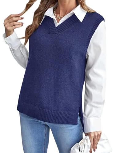 shownicer Damen V-Ausschnitt Stricken Weste Pullunder Ärmellos Strick Casual Strickweste Geometrie Einfarbig Casual Strick Tank Top Sweater L Dunkelblau L von shownicer