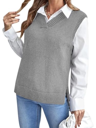 shownicer Damen V-Ausschnitt Stricken Weste Pullunder Ärmellos Strick Casual Strickweste Geometrie Einfarbig Casual Strick Tank Top Sweater L Hellgrau XL von shownicer